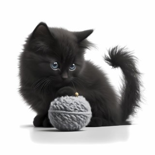 Small domestic cats play with a ball of wool in front of a white background
