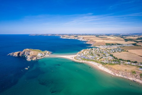 Aerial view of Burgh Island and Bigbury Beach from a drone