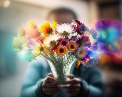 A man with dark hair holds a large bouquet of flowers