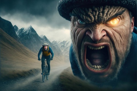 Cartoon angry hiker shouts after mountain biker