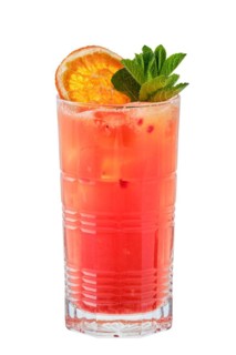 Tall glass of cold bloody orange lemonade isolated on white background