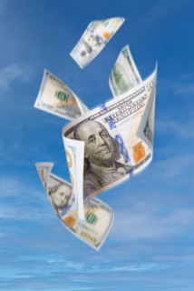 Set of falling or floating $100 bills United States currency