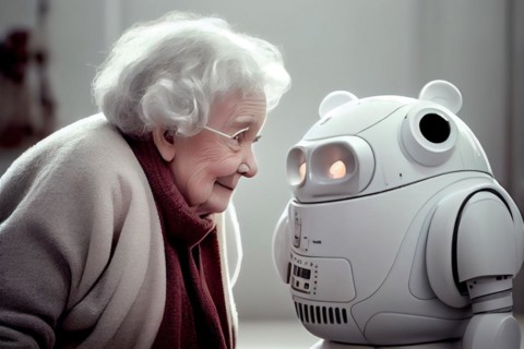 Cute nursing robot talks to a white-haired old lady in a retirement home