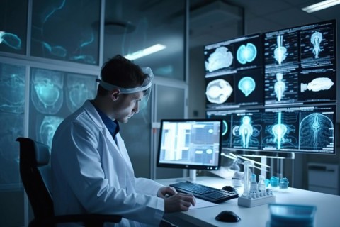 A doctor in a hospital evaluating AI-assisted medical diagnoses on large screens