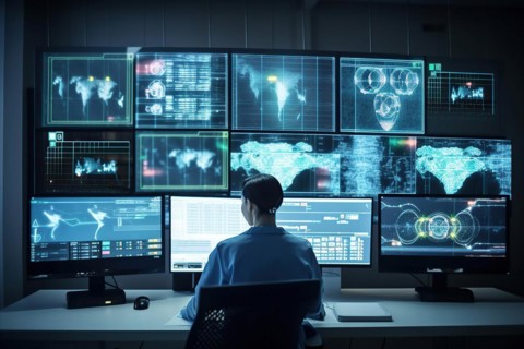 A scientist evaluating complex data on large screens