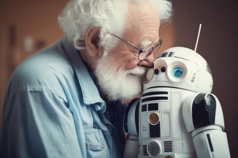 White-haired old man hugs his care robot