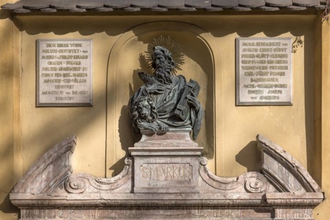 Sculpture of St Mark above the entrance portal of St Marks Church