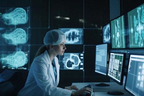 A scientist evaluating complex data on large screens