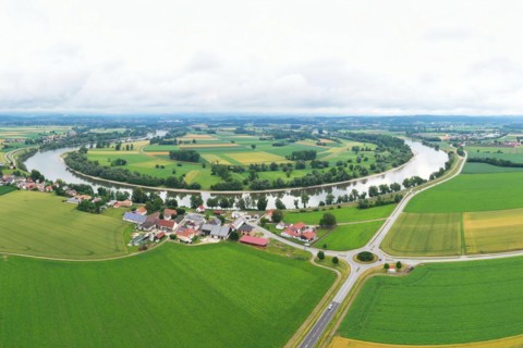 Aerial view of the river bend near Osterhofen with a view of the Danube near Muehlham. Osterhofen