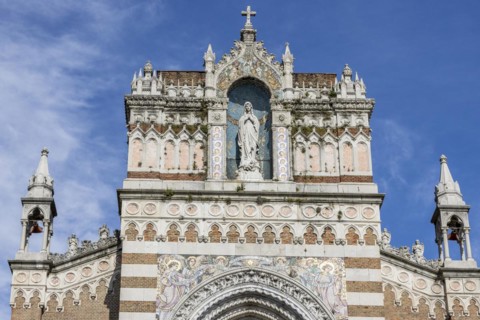 Detail with mosaics of the facade of the Capuchin Church of Our Lady of Lourdes