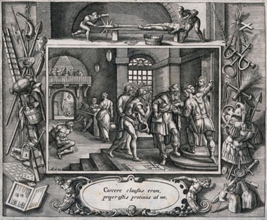 A prison guard receives money for freeing a prisoner from the torture chamber. Engraving by AC after M. de Vos. The torture chamber is populated by men in various rods and men writhing in pain The ima...