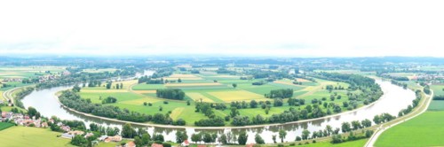 Aerial view of the river bend near Osterhofen with a view of the Danube near Muehlham. Osterhofen