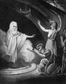 Saul bows to Samuel after the Witch of Endor has raised him from the dead