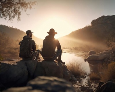 Two friends sitting in the evening light on a riverbank at sunset