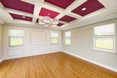 Beautiful purple and tan custom master bedroom complete with entire wainscoting wall
