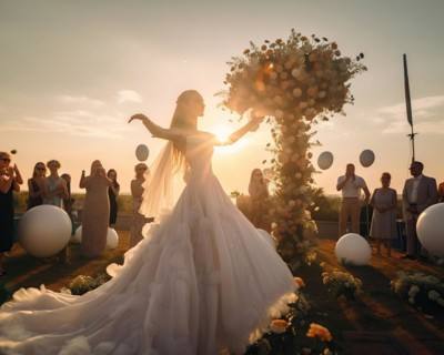 A happy bride in a white wedding dress dances in the warm evening light