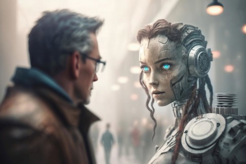 Artificial intelligence as a scary humanoid female robot talks to a man on the street