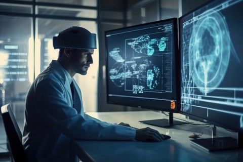A scientist evaluating complex data on large screens