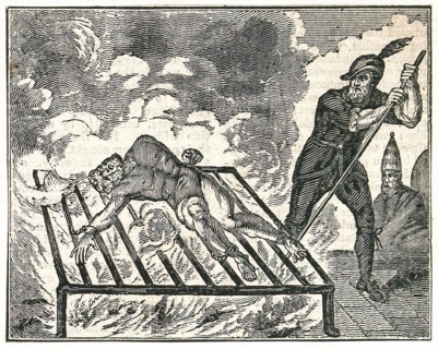 A naked man is tortured and roasted alive on a grate over a blazing fire