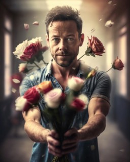 A man with dark hair holds a large bouquet of roses