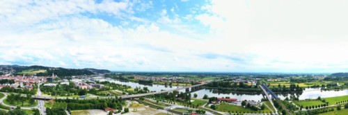Aerial view of Deggendorf with a view of the historic old town. Deggendorf