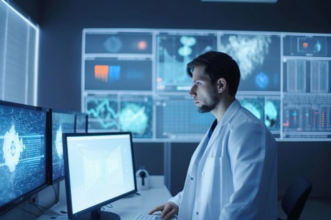 A scientist evaluating complex data on large screens