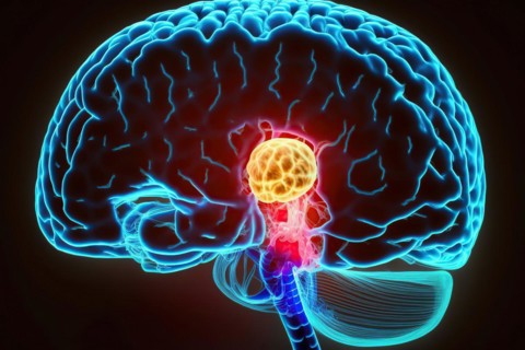 Schematic representation of the human brain with a benign pituitary adenoma