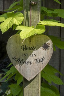 Wooden heart with inscription Heute ist ein schoener Tag!