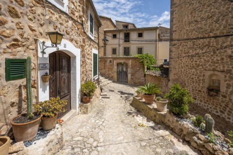 Flower pots in an alley with typical stone houses