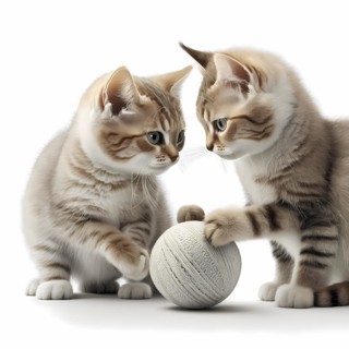 Small domestic cats play with a ball of wool in front of a white background