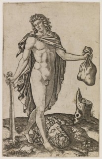David defeats Goliath and holds the latters severed head in his hand