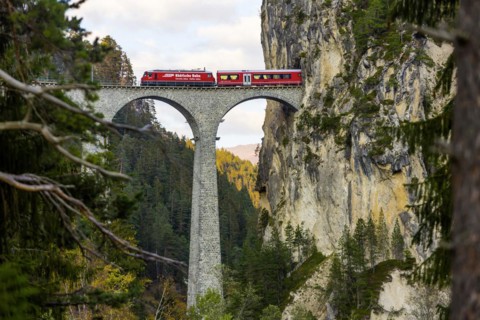 Landwasser Viaduct with train and locomotive