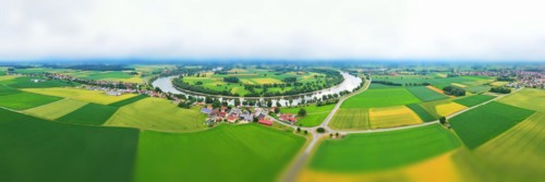 Aerial view of the river bend near Osterhofen with a view of the Danube near Muehlham. Osterhofen