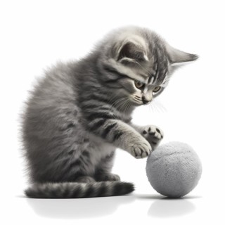 Small domestic cats play with a ball of wool in front of a white background