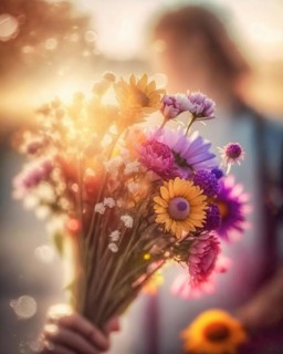 A hand holding a large bouquet of flowers