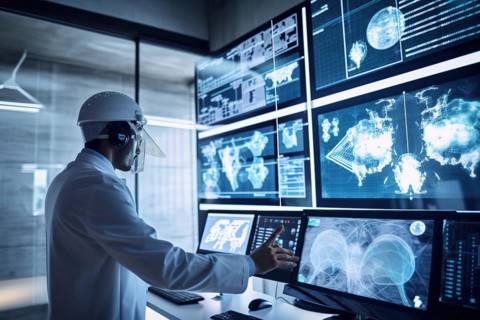 A scientist evaluating complex data on large screens