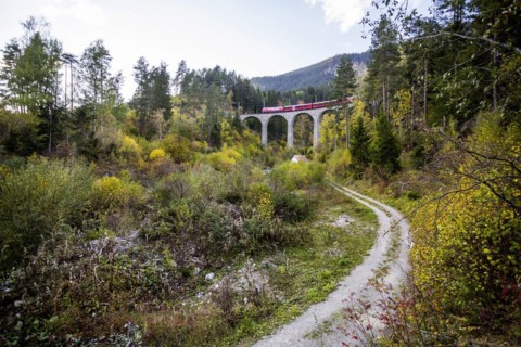 Landwasser Viaduct with train and locomotive