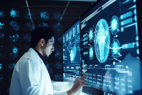 A West Asian scientist evaluating complex data on large screens