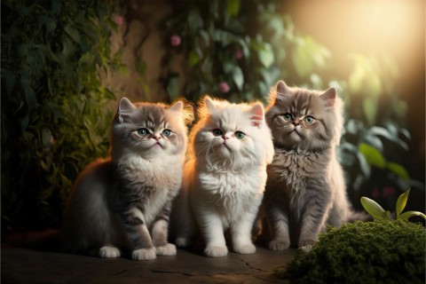 Three furry young cute kittens in a flower garden