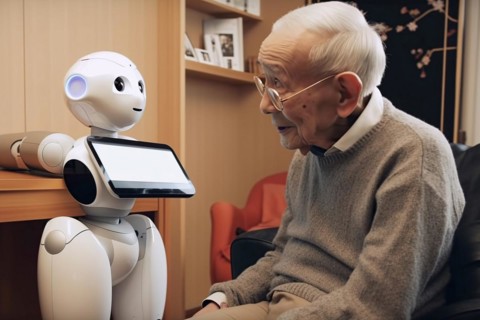 An elderly Asian man in a retirement home has fun with a care robot