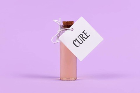 Cure in glass vial with label on violet background