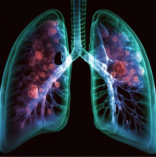 Schematic representation of the X-ray image of the lung with bronchi and bronchioles as well as expression of a metastatic lung carcinoma