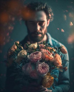 A man with dark hair holds a large bouquet of flowers