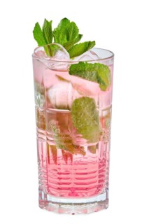 Tall glass of cold mojito with strawberry lemonade isolated on white background