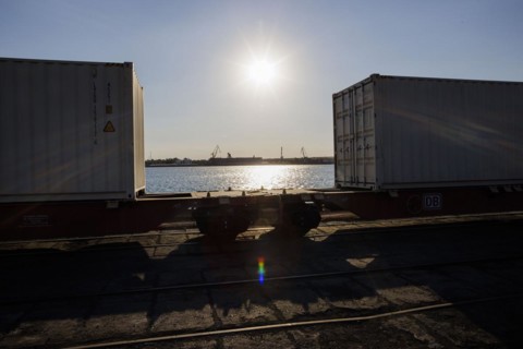DB Cargo freight wagons stand in the port of Constanta. In the port of Constanta