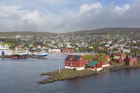 View over Tinganes showing government buildings in the the capital city Torshavn of the Faroe Islands