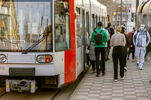 Tram stop Duesseldorf main station during rush hour