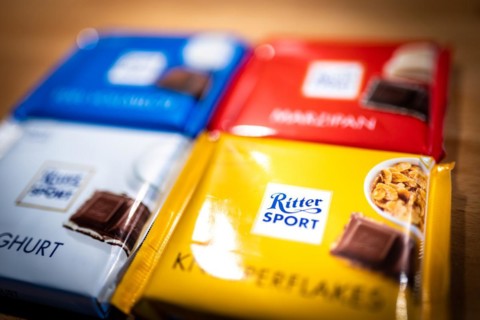 Ritter Sport chocolate packets lying on a kitchen worktop in Berlin