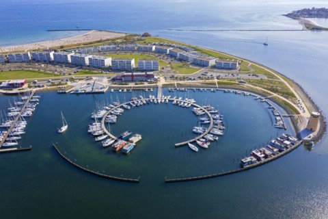 Aerial view over sailing boats docked in the Burgtiefe marina at on Fehmarn