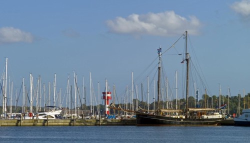 Sports boat harbour with gaff schooner Marie Galante